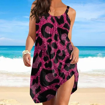 Женское летнее платье в стиле бохо, сексуальное пляжное платье-слинг без рукавов с леопардовым принтом, одежда для плавания, женский элегантный свободный сарафан на бретелях, Vestidos 15