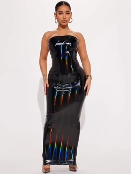 Женское Макси-платье из искусственного латекса, Черное платье без рукавов из искусственной кожи без бретелек, стрейчевое платье длиной до пола, клубная одежда для вечеринок, Новый обычай