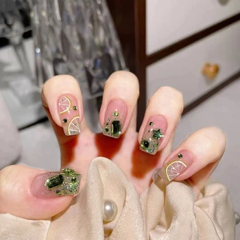 Зеленый Горный хрусталь Накладные ногти Глянцевый Блестящий Кристалл Нажимается на накладные ногти Съемный Носимый Женский Маникюр Накладной Пластырь для ногтей 15