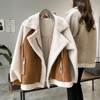 Зимняя Свободная Байкерская куртка с контрастным рисунком, Корейское Коричневое Женское Флисовое утепленное пальто, Винтажная Женская верхняя одежда с отворотом большого размера, повседневная Женская одежда