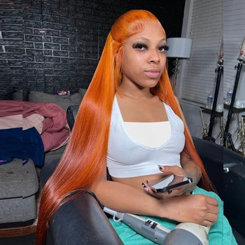 Имбирные прямые парики на кружеве из человеческих волос 30-40 дюймов Бразильского Имбирно-оранжевого цвета, прямые парики на кружеве 13x4 13x6 Hd Hd