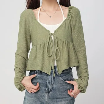 Исключительно желаемый Короткий топ на бретелях с длинным рукавом, кардиган на шнуровке, комплект из 2 предметов, женская зеленая футболка, Корейская мода, подходит меньше