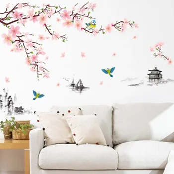 Картина тушью с пейзажем цветущего персика, наклейка на стену, обои в китайском стиле, Фоновое украшение для гостиной, диван, домашние наклейки 7