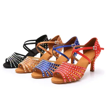 Классические женские туфли для латиноамериканских танцев со стразами, бальные сандалии для танцев ча-ча-танго, женская нескользящая замшевая подошва, средний каблук 7 см 6