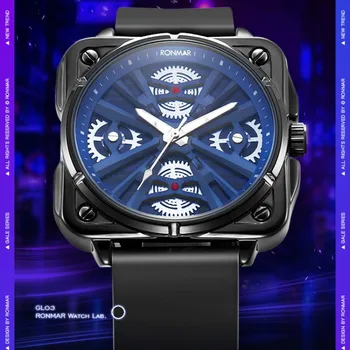 Классические квадратные часы RONMAR, мужские кварцевые часы с тремя контактами, роскошные полые качественные наручные часы, мужские светящиеся водонепроницаемые часы GL03 6