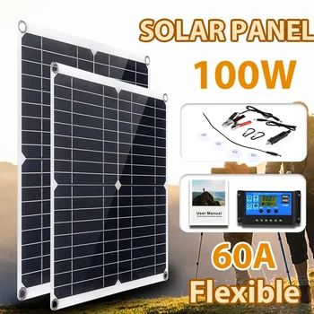 Комплект гибких солнечных панелей мощностью 100 Вт с контроллером, зарядное устройство 12 В постоянного тока, двойной USB, портативное питание для мобильного телефона, автомобиля, лодки, улицы