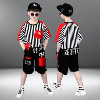 Комплекты летней детской одежды для мальчиков, хлопковая футболка + шорты, спортивный костюм для мальчика, модная школьная одежда в полоску в стиле пэчворк 15