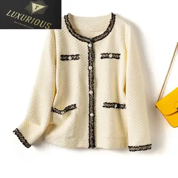 Короткое пальто 2024 Весна Осень Однобортное французское модное Элегантное вязаное зимнее пальто контрастного цвета для женщин 11
