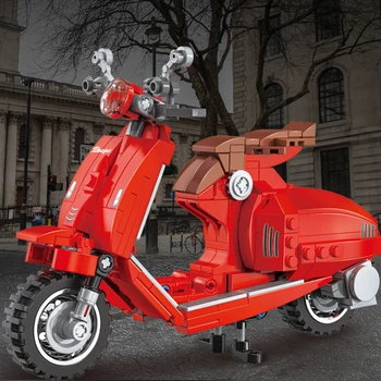 Красный технический строительный блок Moc, сборная модель, классический педальный мотоцикл, винтажные кирпичи Vespa, коллекция игрушек для детей, подарки 5