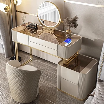 Легкие роскошные стеклянные комоды Мебель для спальни в скандинавском стиле, домашний туалетный столик из массива дерева, креативный столик для макияжа с умным зеркалом 9