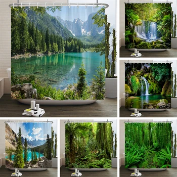 Лесные природные пейзажи Занавески для душа 3D Печать Занавески для ванны Полиэфирная моющаяся ткань С крючками Домашний декоративный экран 14