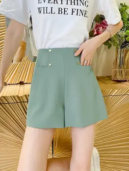 Летние Зеленые шорты, женские офисные шорты корейской моды с высокой талией, женские однотонные уличные карманы, повседневные широкие короткие брюки 5