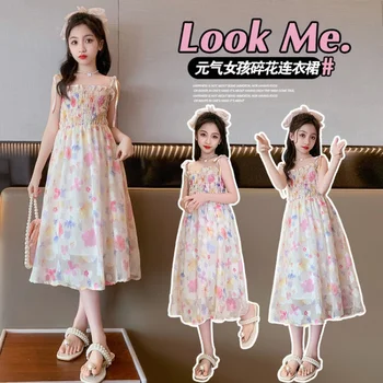 Летние платья для маленьких девочек от 4 до 16 лет, одежда для девочек 2023 года, новая детская одежда, Белое платье с цветочным рисунком, платье в корейском стиле 6