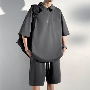 Летний спортивный костюм Для мужчин, футболка с коротким рукавом + шорты, комплект из 2 предметов, мужская одежда, Корейская мода, свободные повседневные спортивные костюмы