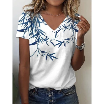 Летняя женская футболка с V-образным вырезом и цветочным принтом, женские топы с коротким рукавом, топы в стиле харадзюку, футболка оверсайз, женская одежда 6