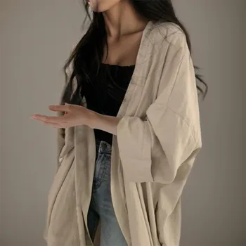 Летняя Хлопчатобумажная рубашка Оверсайз с длинным рукавом, кардиган на однотонных пуговицах, топы, миди-солнцезащитная одежда в Корейском стиле, Женское Свободное пальто 13