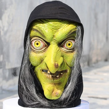 Маска ужасной Старой ведьмы на Хэллоуин, зеленое латексное лицо с волосами, маскарадный костюм для вечеринки с гримасой, косплей, маски, реквизит для взрослых, один размер 5