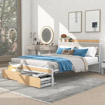 Металлический каркас кровати-платформы с 2 выдвижными ящиками, мягким изголовьем, розетками, USB-портами и опорой для ламелей 15