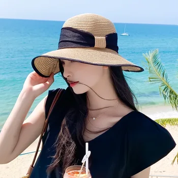 Модная Летняя шляпа от солнца, женская модная соломенная шляпа для девочек, пляжная шляпа с бантом, повседневная панама с плоским верхом из травы, женская кепка с костяным козырьком 8