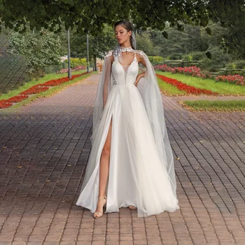 Модное шикарное свадебное платье с V-образным вырезом и шлейфом из тюлевой шали, изящное свадебное платье на бретельках 2023, свадебное платье 10