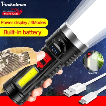 мощный перезаряжаемый USB-фонарик мощностью 6000 лм, 4 режима, светодиодный фонарик со встроенной батареей 18650, тактический фонарь, водонепроницаемый фонарь 12