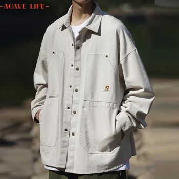 Мужская Винтажная рубашка с карманом и длинным рукавом, пальто, мужская весенне-осенняя куртка в стиле пэчворк с заклепками, мужская модная куртка с лацканами 1