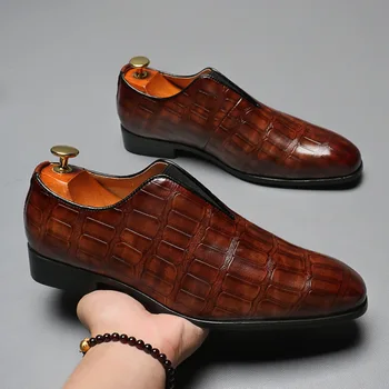 Мужская кожаная модельная официальная обувь в британском стиле с острым носком Без застежки, Мужская деловая повседневная обувь, Мягкие мокасины 9