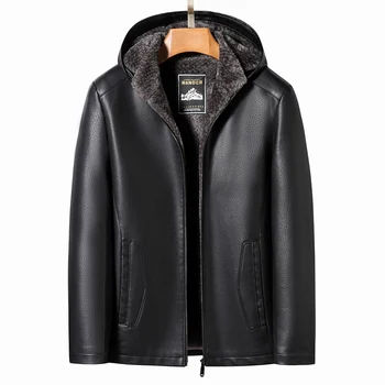 Мужская куртка из натуральной кожи, зимние пальто, съемная мужская куртка из натуральной кожи с капюшоном и плюшевым густым мехом, интегрированное пальто в стиле ретро