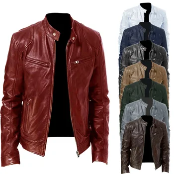 Мужская мотоциклетная кожаная куртка, приталенное короткое пальто, куртки из искусственной кожи с лацканами, Осеннее новое ветрозащитное кожаное пальто на молнии 13
