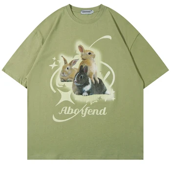 Мужская футболка оверсайз в стиле хип-хоп с милым кроликом, уличная футболка с графическим принтом Harajuku, модная летняя повседневная Свободная верхняя пара 14