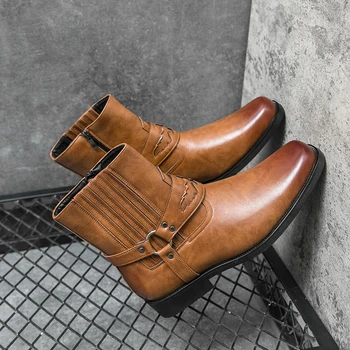 Мужские кожаные ботинки с боковой молнией, ковбойские сапоги в стиле Вестерн, мужские короткие ботинки в стиле ретро, Легкие удобные уличные ботинки, Большой размер 48 14