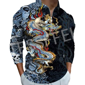 НовОмодная Татуировка с изображением Черепа Волка и животного 3DPrint Harajuku Зима Осень Повседневные рубашки Уличная Одежда Поло на молнии с длинными рукавами X13 11