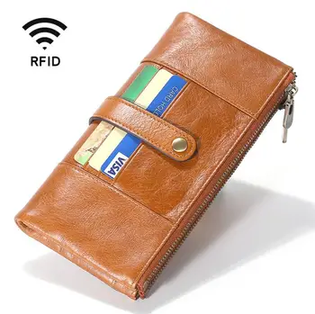 Новые поступления RFID Длинный кошелек из натуральной кожи, Мужской Женский кошелек на двойной молнии для рук, кошелек для карт, наличных, кошелек из натуральной коровьей кожи 7
