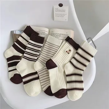 Носки с вышивкой в виде кавайного медведя, милые забавные женские носки в японском стиле харадзюку, однотонные весенне-осенние модные носки для девочек 14