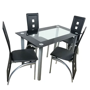 обеденный стол 110 см, обеденный стол из закаленного стекла с 4 стульями, прозрачный и черный Обеденный стол, обеденный стул 14