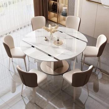 Обеденный стол на 6 персон для элитного ресторана, изготовленный на заказ Круглый кухонный стол из мраморного камня с поворотным столом, бытовая мебель 4