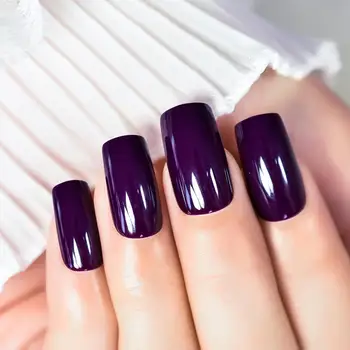 Однотонный Темно-фиолетовый рисунок на кончиках ногтей, квадратные ногти среднего размера, многоразовый маникюр дома Для любого мероприятия 8