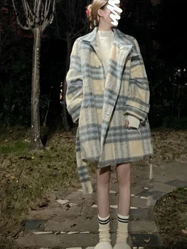 Осенне-зимнее новое женское шерстяное пальто в клетку, винтажная куртка средней длины, Корейская мода, Свободные шерстяные и смесовые пальто с длинным рукавом на шнуровке 10
