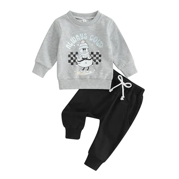 Осенне Рождественская одежда для маленьких мальчиков, толстовки с длинными рукавами и однотонными брюками с мультяшным принтом, комплект одежды 5
