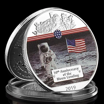 Памятная монета к 50-летию Высадки на Луну 2019, Коллекционный подарок с красочным покрытием, монета Apollo 11, Посеребренная 3