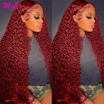 парики из человеческих волос с глубокими вьющимися кружевами спереди 13x4 бордового цвета 99J для женщин, предварительно выщипанные, HD Прозрачные, с волнистым кружевом спереди, с волнистым кружевом спереди