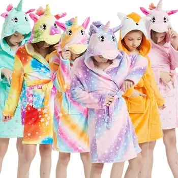 Пижамы для маленьких девочек, детская ночная рубашка с единорогом, зимняя детская одежда, халат, фланелевые халаты для маленьких девочек с капюшоном и мультяшными животными 13
