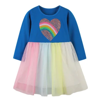 Радужные платья контрастных цветов с длинными рукавами для девочек на день рождения, Весна и осень, Газовое кружево, детское платье Rainbow Love для девочки из ткани 4