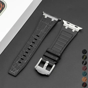 Ремешок из натуральной кожи для Apple Watch Ultra 2 Band 49 мм 44 мм 42 мм 45 мм 41 мм Кожаный Силиконовый Ремешок iWatch Series 9 8 7 6 SE 5 4 3 11