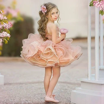 Розовые платья для девочек в цветочек, тюлевый топ без рукавов с аппликациями и пышный подол, подходят для свадебной вечеринки, дня рождения, вечерней одежды принцессы. 8
