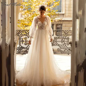 Романтические кружевные свадебные платья для женщин, свадебные платья принцессы, длинные рукава, V-образный вырез, Трапециевидные платья невесты без спинки, Vestido De Novia
