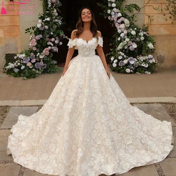 Роскошные свадебные платья с цветочным кружевом, С открытыми плечами, трапециевидные свадебные платья принцессы, Vestido De Noivas chic ZW1079 12