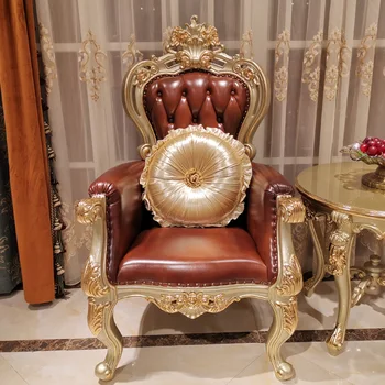 Роскошный американский французский королевский стиль из массива дерева кожаный кофейный диван-кресло set 7