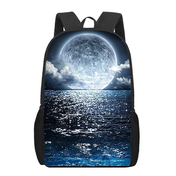 Рюкзак с 3D-принтом Moonlight Landscape, женская мужская 16-дюймовая школьная сумка для мальчиков-подростков, детский сад, морские пейзажи, сумки для книг, рюкзаки 13