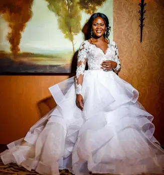 Свадебные платья трапециевидной формы с кружевными аппликациями, африканские свадебные платья с V-образным вырезом и длинными рукавами с оборками, платье невесты 14